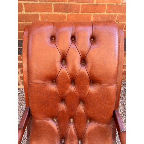 23 - BROWN BUTTON BACK LEATHER REGENCY STYLE ROCKING CHAIR