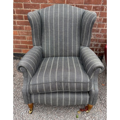 24 - GREY AND SILVER STRIPED FABRIC WINGBACK VICTORIAN STYLE CHAIR