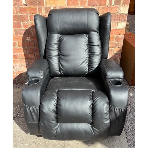 55 - BLACK LEATHER RECLINING ARMCHAIR WITH CUP HOLDERS