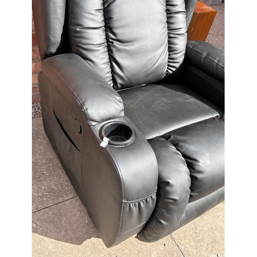 55 - BLACK LEATHER RECLINING ARMCHAIR WITH CUP HOLDERS