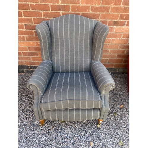 24 - GREY AND SILVER STRIPED FABRIC WINGBACK VICTORIAN STYLE CHAIR