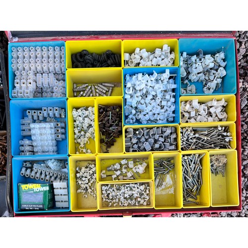 PLASTIC PVC CARRY CASE OF SCREWS AND IRONMONGERY, AND A RED ENAMEL BOX ...