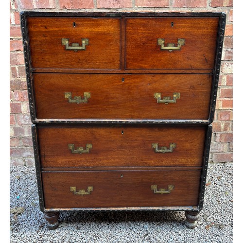 174 - 19TH CENTURY TWO SECTION MILITARY CHEST WITH BRASS FLUSH HANDLES ON TURNED FEET
