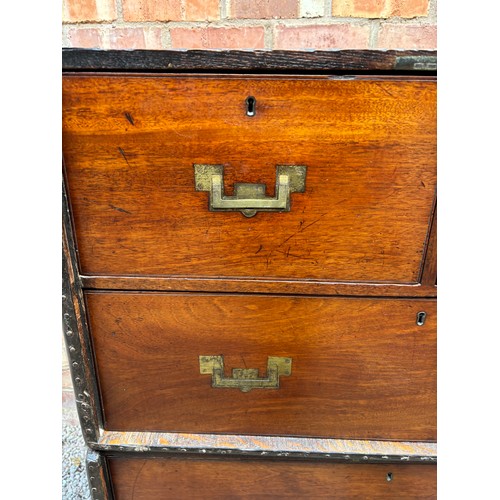 174 - 19TH CENTURY TWO SECTION MILITARY CHEST WITH BRASS FLUSH HANDLES ON TURNED FEET
