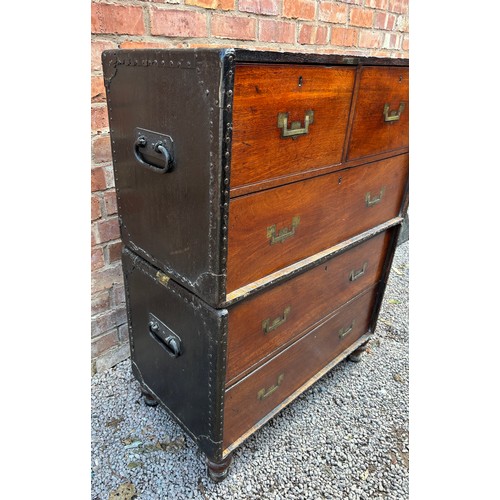 174 - 19TH CENTURY TWO SECTION MILITARY CHEST WITH BRASS FLUSH HANDLES ON TURNED FEET