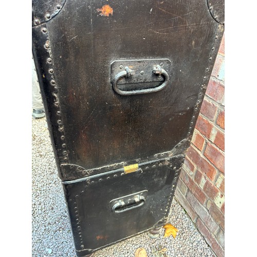174 - 19TH CENTURY TWO SECTION MILITARY CHEST WITH BRASS FLUSH HANDLES ON TURNED FEET