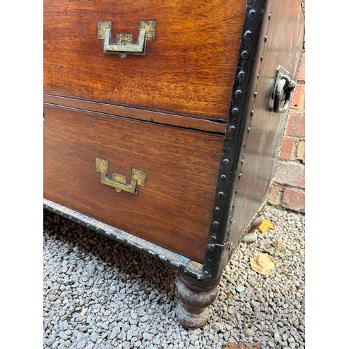 174 - 19TH CENTURY TWO SECTION MILITARY CHEST WITH BRASS FLUSH HANDLES ON TURNED FEET