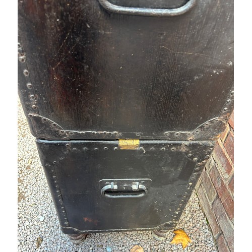 174 - 19TH CENTURY TWO SECTION MILITARY CHEST WITH BRASS FLUSH HANDLES ON TURNED FEET