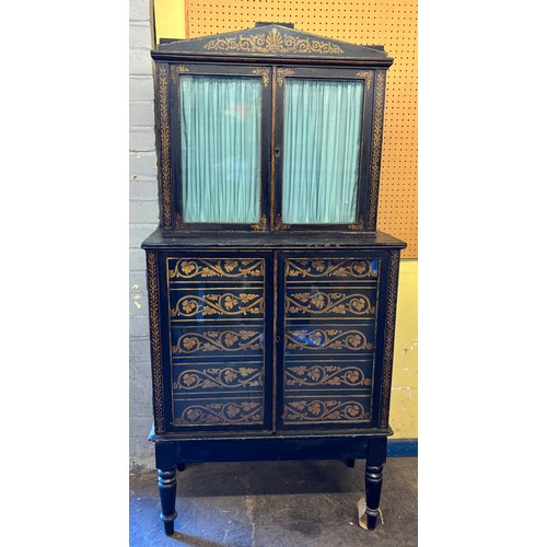 180 - EARLY 19TH CENTURY REGENCY  PAINTED GILT PEN WORK GLAZED COLLECTORS CABINET ON STAND