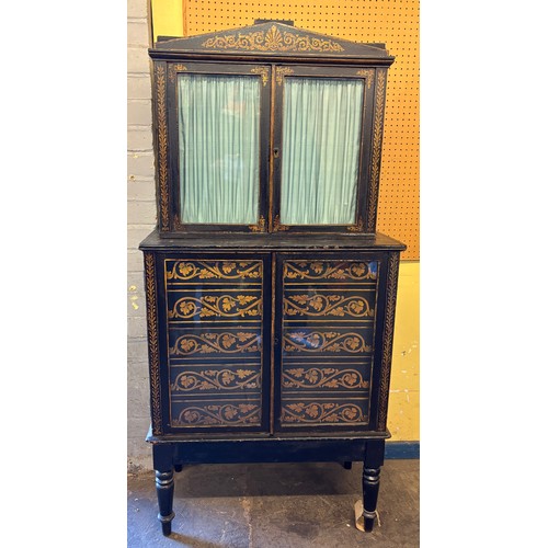 180 - EARLY 19TH CENTURY REGENCY  PAINTED GILT PEN WORK GLAZED COLLECTORS CABINET ON STAND