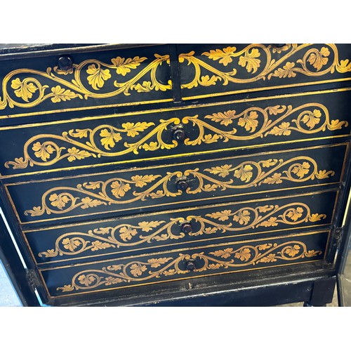 180 - EARLY 19TH CENTURY REGENCY  PAINTED GILT PEN WORK GLAZED COLLECTORS CABINET ON STAND