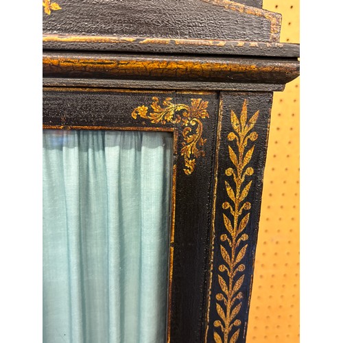 180 - EARLY 19TH CENTURY REGENCY  PAINTED GILT PEN WORK GLAZED COLLECTORS CABINET ON STAND