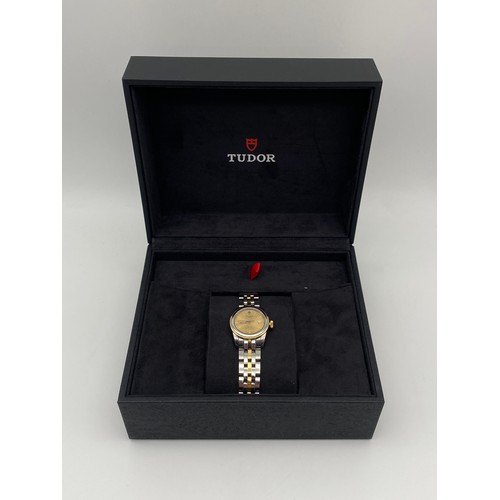 567 - LADIES BOXED TUDOR GLAMOUR DATE ADJUST WRIST WATCH WITH CHAMPAGNE DIAL, BICOLOUR STAINLESS STEEL STR... 