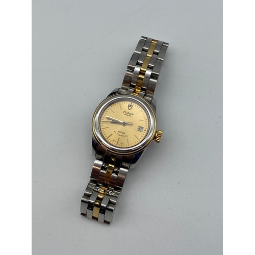567 - LADIES BOXED TUDOR GLAMOUR DATE ADJUST WRIST WATCH WITH CHAMPAGNE DIAL, BICOLOUR STAINLESS STEEL STR... 