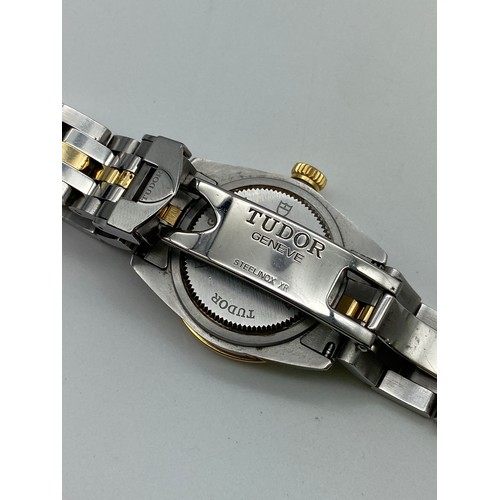 567 - LADIES BOXED TUDOR GLAMOUR DATE ADJUST WRIST WATCH WITH CHAMPAGNE DIAL, BICOLOUR STAINLESS STEEL STR... 