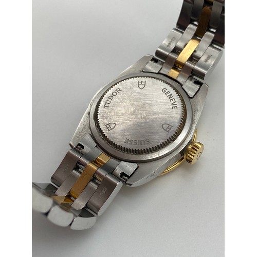 567 - LADIES BOXED TUDOR GLAMOUR DATE ADJUST WRIST WATCH WITH CHAMPAGNE DIAL, BICOLOUR STAINLESS STEEL STR... 