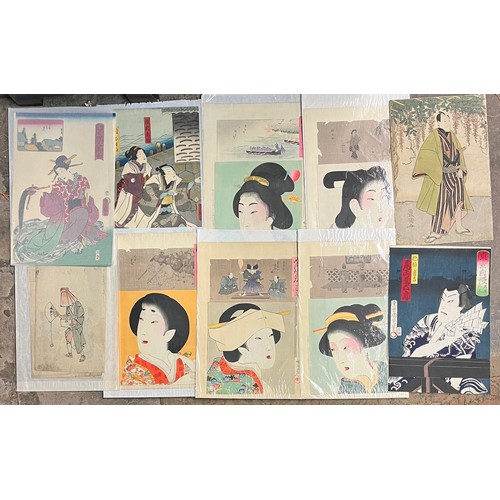 276 - FOLIO OF 19TH CENTURY JAPANESE WOODBLOCK COLOURED PRINTS AND WATERCOLOURS ATTRIBUTED TO KUNISADA, CH... 