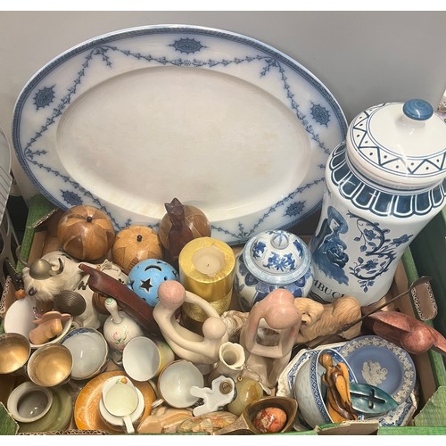 CARTON CONTAINING BLUE AND WHITE OVAL MEAT PLATTER, REPRODUCTION TEMPLE ...