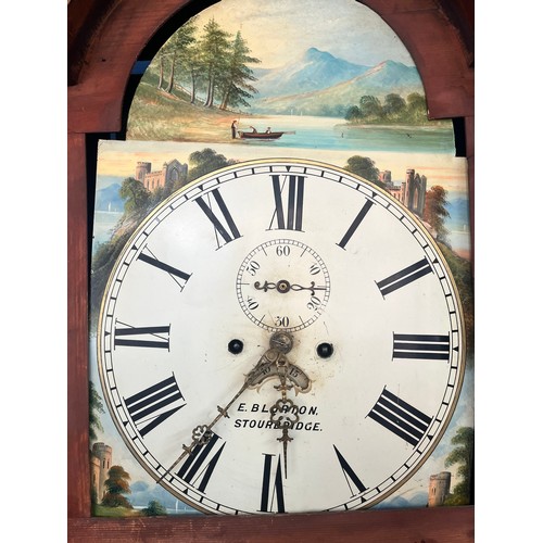 3 - 19TH CENTURY OAK AND MAHOGANY LONG CASE CLOCK WITH PAINTED ARCHED ENAMEL DIAL SIGNED E BLURTON STOUR... 