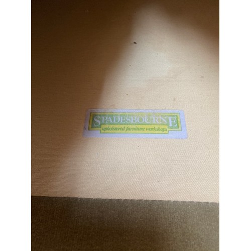 87 - EDWARDIAN STYLE GREEN UPHOLSTERED SOFA ON BUN FEET