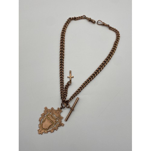 648 - 9CT ROSE GOLD ALBERT CHAIN WITH T BAR, SNAP SWIVEL FASTENER AND LARGE SHIELD FOB 75.2G APPROX