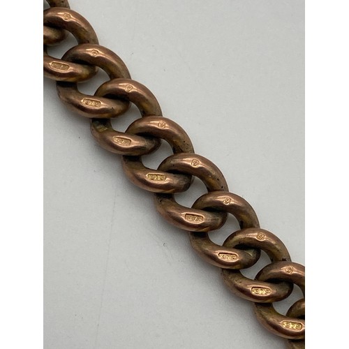 648 - 9CT ROSE GOLD ALBERT CHAIN WITH T BAR, SNAP SWIVEL FASTENER AND LARGE SHIELD FOB 75.2G APPROX