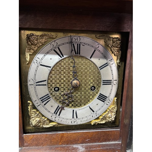 4 - QUALITY OAK SMALL LONGCASE CLOCK WITH SQUARE BRASS DIAL APPLIED SPANDRELS SIGNED G CATER LONDON.8 DA... 