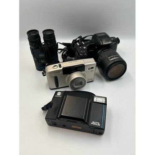 774 - PENTAX Z10, MINOLTA AF-S AND A CANON SURE SHOT Z135, PLUS A PAIR OF PRAKTICA SPORT 10X25 BINOCULARS