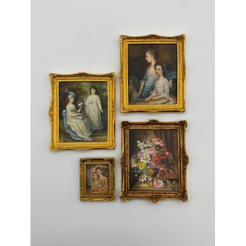 403A - FOUR QUALITY DOLLS HOUSE MINIATURE PAINTINGS OF GROUP PORTRAITS AND A STILL LIFE BY CHRISTOPHER WHIT...
