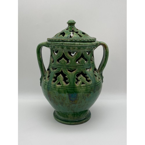 770 - SPANISH GREEN GLAZED OPEN WORK TWIN HANDLED BULBOUS VASE AND COVER BY TITO UBEDA
