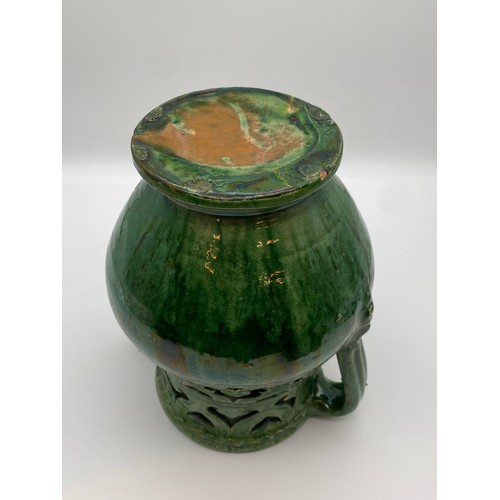 770 - SPANISH GREEN GLAZED OPEN WORK TWIN HANDLED BULBOUS VASE AND COVER BY TITO UBEDA