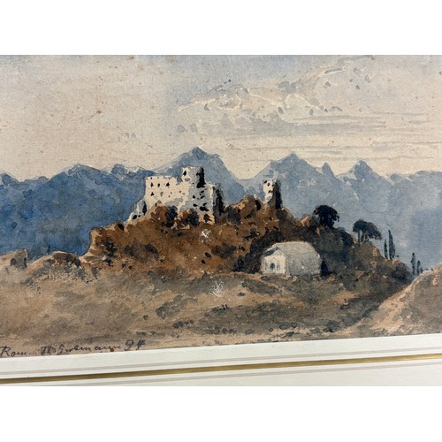 766 - SMALL WATERCOLOUR LATE 19TH CENTURY TITLED NEAR ROME IN MOUNT 20CM X 13CM