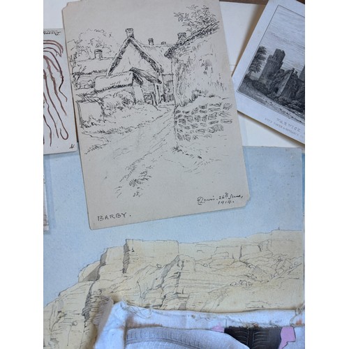 765 - WATERCOLOUR SKETCH OF CLIFFS OFF HASTINGS, PEN AND INK SKETCH OF BARBY BY F LEWIS SIGNED AND DATED 1... 