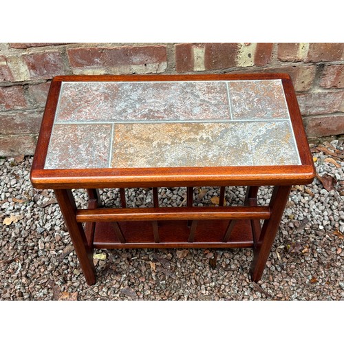 9 - TEAK TILE TOPPED MAGAZINE TABLE AND SMALL GRADUATED OPEN BOOKCASE