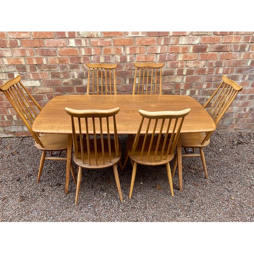 165 - LIGHT ERCOL ELM DINING TABLE WITH SIX GOLDSMITH TYPE CHAIRS