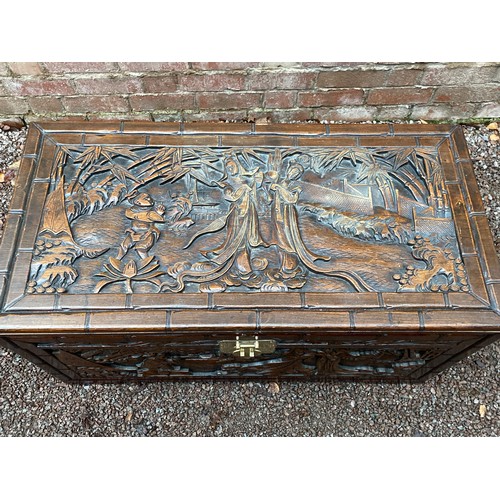 108 - CHINESE CARVED BRASS HANDLED CAMPHOR CHEST