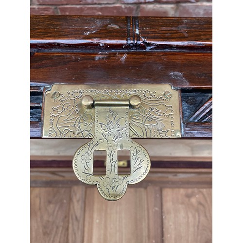 108 - CHINESE CARVED BRASS HANDLED CAMPHOR CHEST