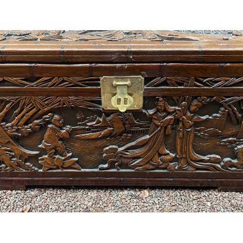 108 - CHINESE CARVED BRASS HANDLED CAMPHOR CHEST