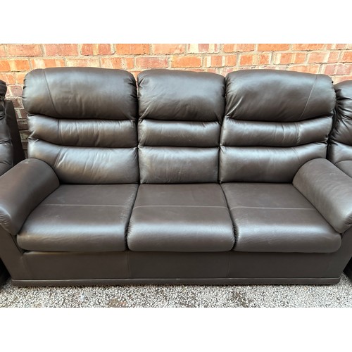 51 - G PLAN BROWN LEATHER 2022 THREE SEATER SOFA WITH TWO MATCHING CHAIRS