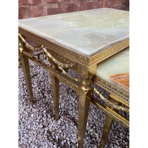 44 - NEST OF THREE GREEN ONYX TABLES WITH GILT BRASS FRAMES