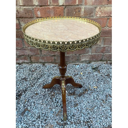 31 - PAIR OF FRENCH LOUIS XV STYLE PINK MARBLE GALLERY TOPPED TRIPOD TABLES