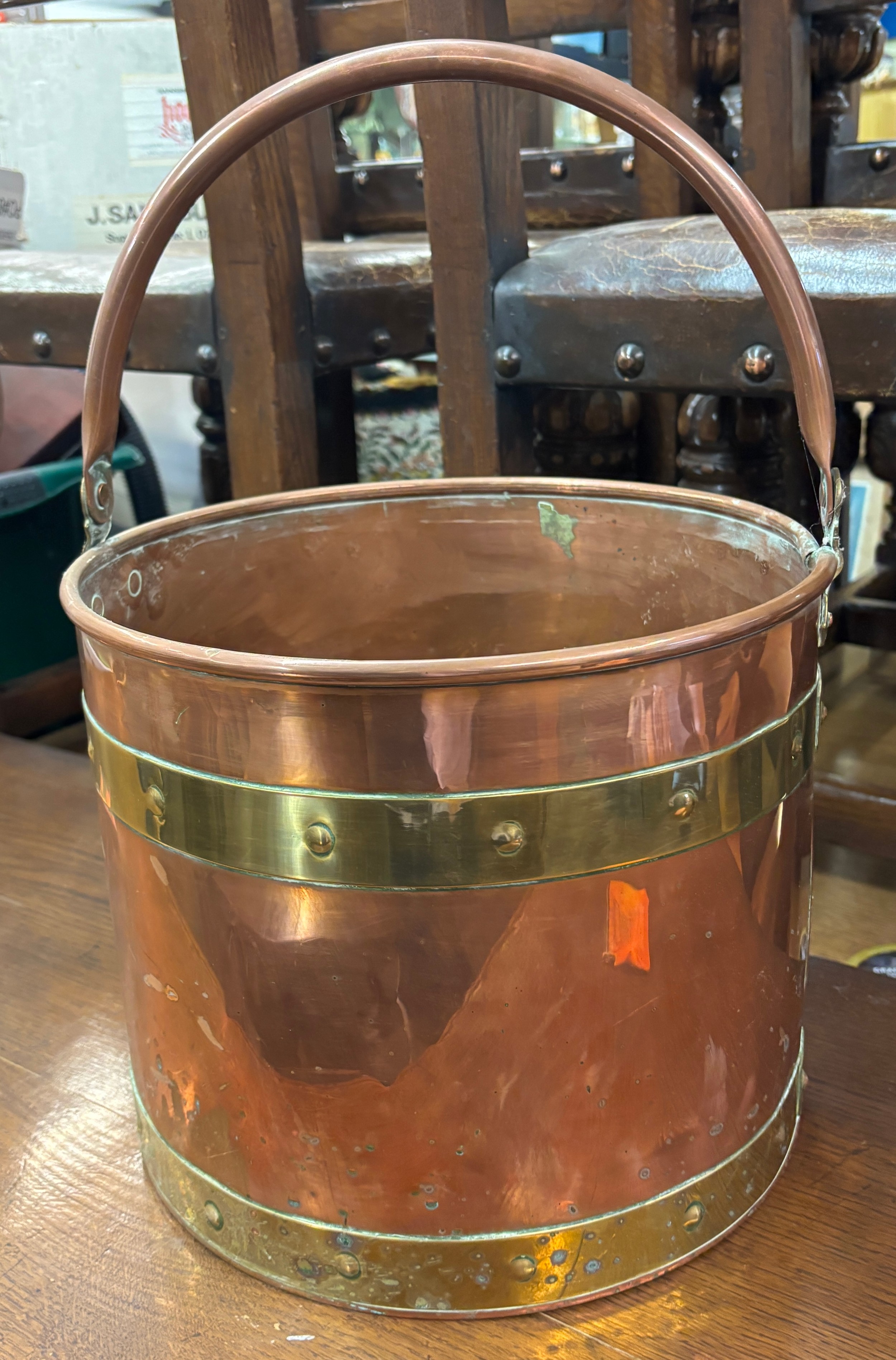 COPPER BRASS BANDED LOG BUCKET WITH SWING HANDLE