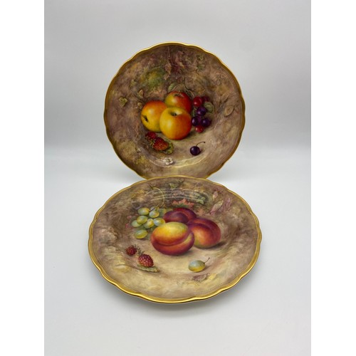 636 - PAIR OF ROYAL WORCESTER BONE CHINA FRUIT DECORATED PLATES PAINTED BY R. SEBRIGHT WITH GILDED DETAIL