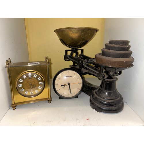 SET OF KITCHEN SCALES AND TWO MANTLE CLOCKS