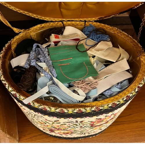 12 - OVAL TAPESTRY STORAGE BOX CONTAINING HABERDASHERY