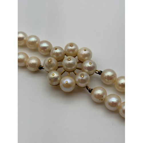 544 - DOUBLE STRAND SIMULATED PEARL NECKLACE WITH 18K STAMPED CLASP, SINGLE STRAND BRACELET WITH CLASP STA... 
