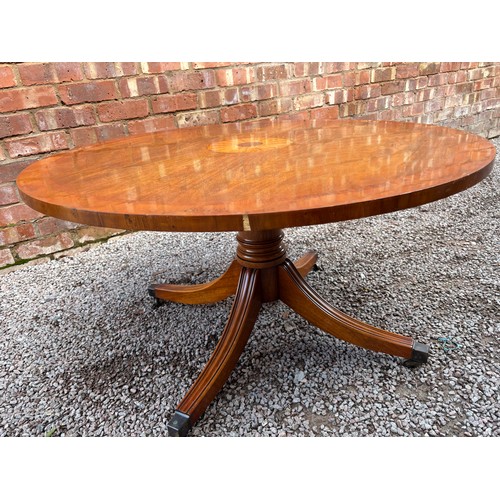 2 - REPRODUCTION MAHOGANY CROSS BANDED PEDESTAL COFFEE TABLE