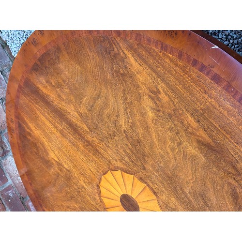 2 - REPRODUCTION MAHOGANY CROSS BANDED PEDESTAL COFFEE TABLE