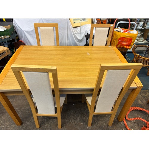 3 - LIGHT OAK DINING TABLE AND FOUR  HIGHBACK CHAIRS
