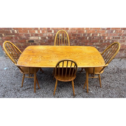 80 - ERCOL ELM WINDSOR DINING TABLE AND FOUR CHAIRS